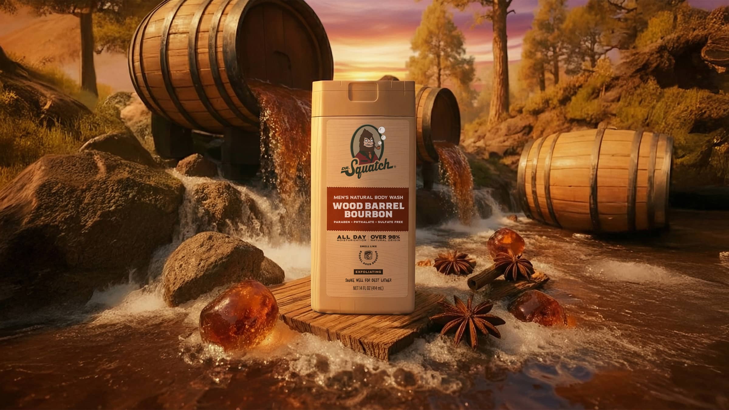 14 oz Wood Barrel Bourbon Exfoliating Body Wash - Fresh Soap for Men